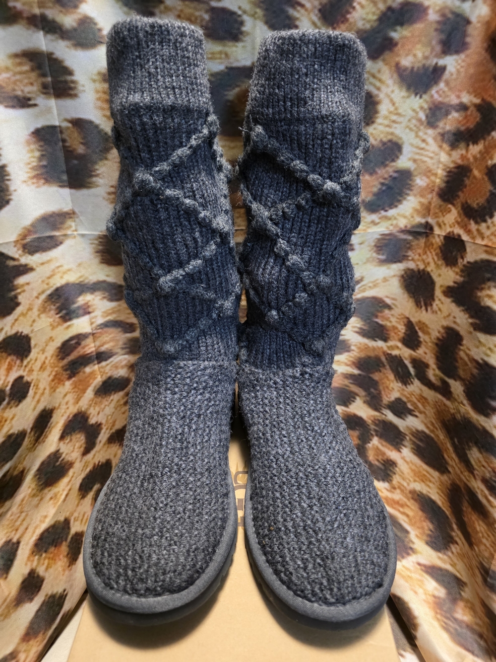 UGG CLASSIC ARGYLE KNIT Tall Charcoal Grey Slipper Boots - Size 6